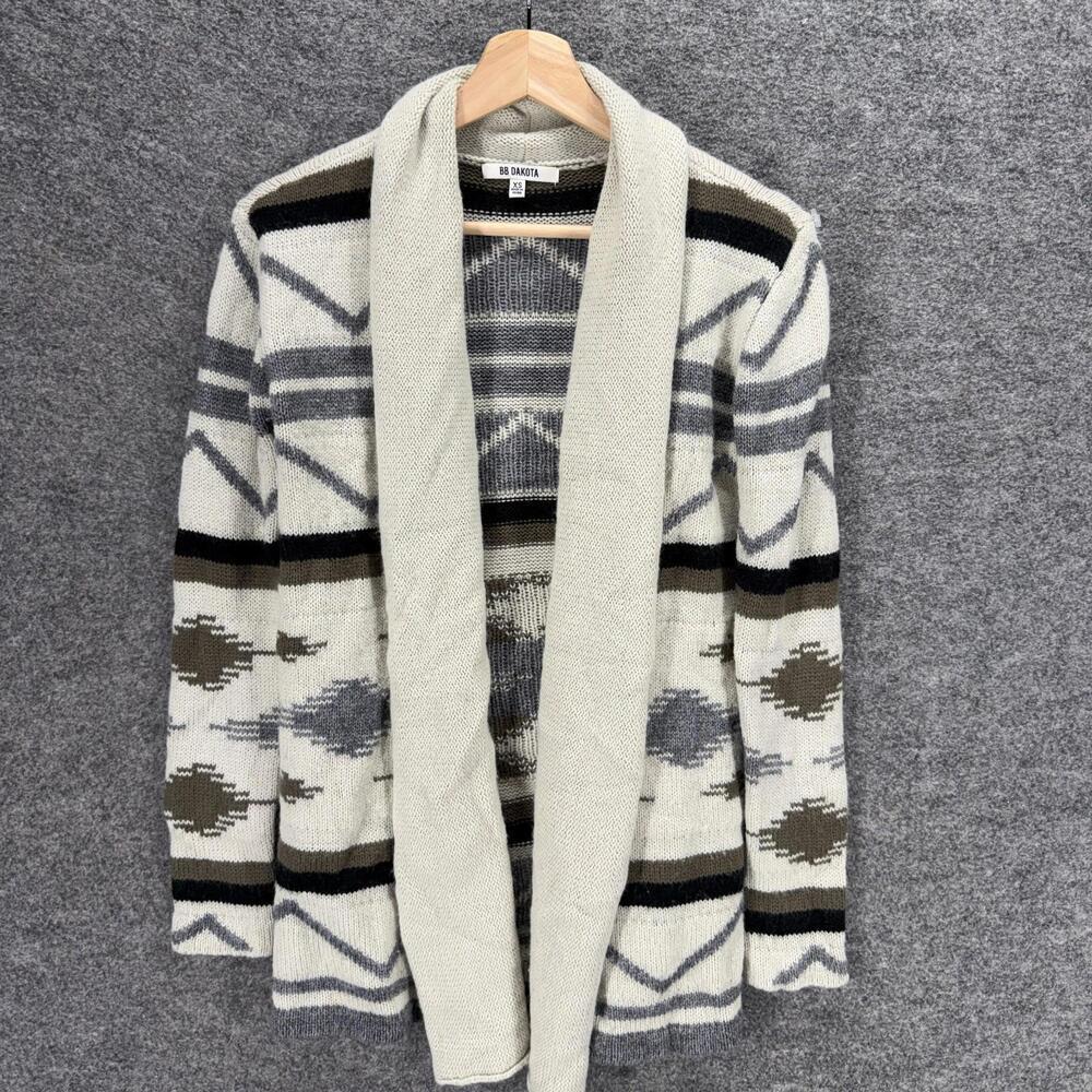BB Dakota Cardigan Women XS Gray Striped Open Front Knit Wool Long Sleeve Casual